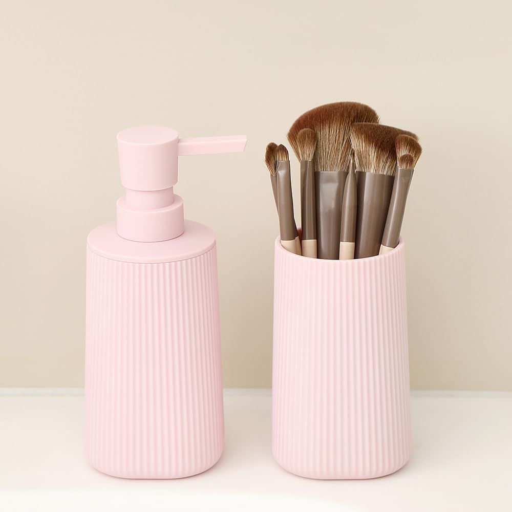 Bathroom Accessories 2 Piece Soap Dispenser and Toothbrush Holder Set Striped Light Pink