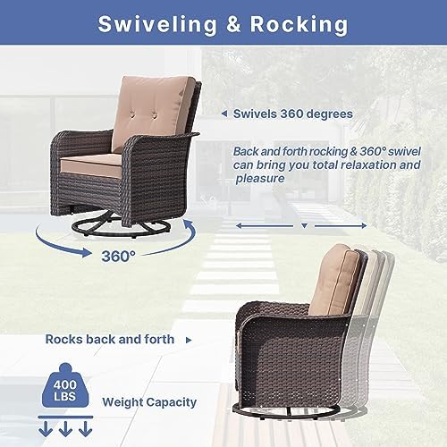 ALAULM 7-Piece Outdoor Swivel Rocking Chair Set with 40,000 BTU Round Fire Pi...