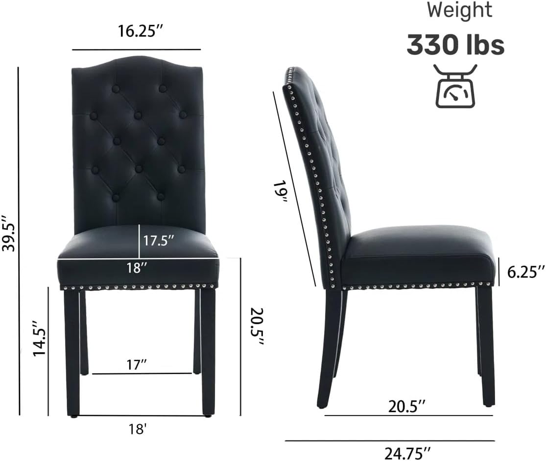Kosydown Dining Chairs Set of 2, Modern Upholstered Dining Room Chairs with Button-Tufted Back, Waterproof Faux Leather Side Chairs with Solid Wood Legs, 330lb Capacity Kitchen Chairs, Black
