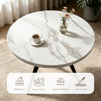 34.6" Round Dining Table Set for 4, Modern Kitchen Coffee Table Set, White | Space-saving MDF Top, 4 Beige Sleek PU Leather Chairs Set, Small Dining Set, Great for Dining Room, Office, Sturdy & Seamless