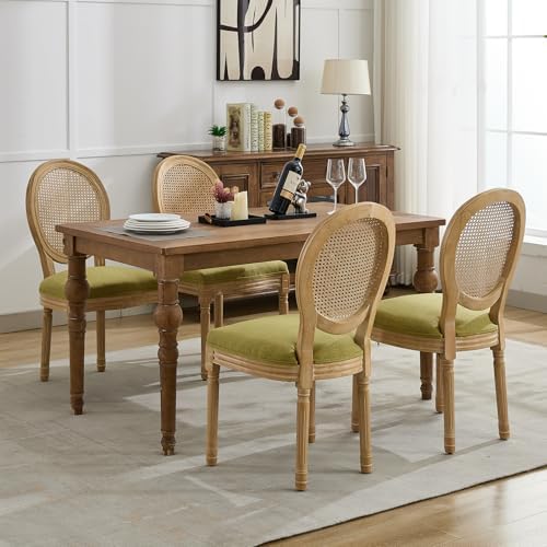 French Country Dining Chairs Set of 6, Olive Cane Back Rattan Dining Chairs w...