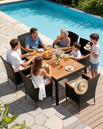 Flamaker Patio Dining Set for 6 Outdoor Acacia Wood Table and Chairs, Black