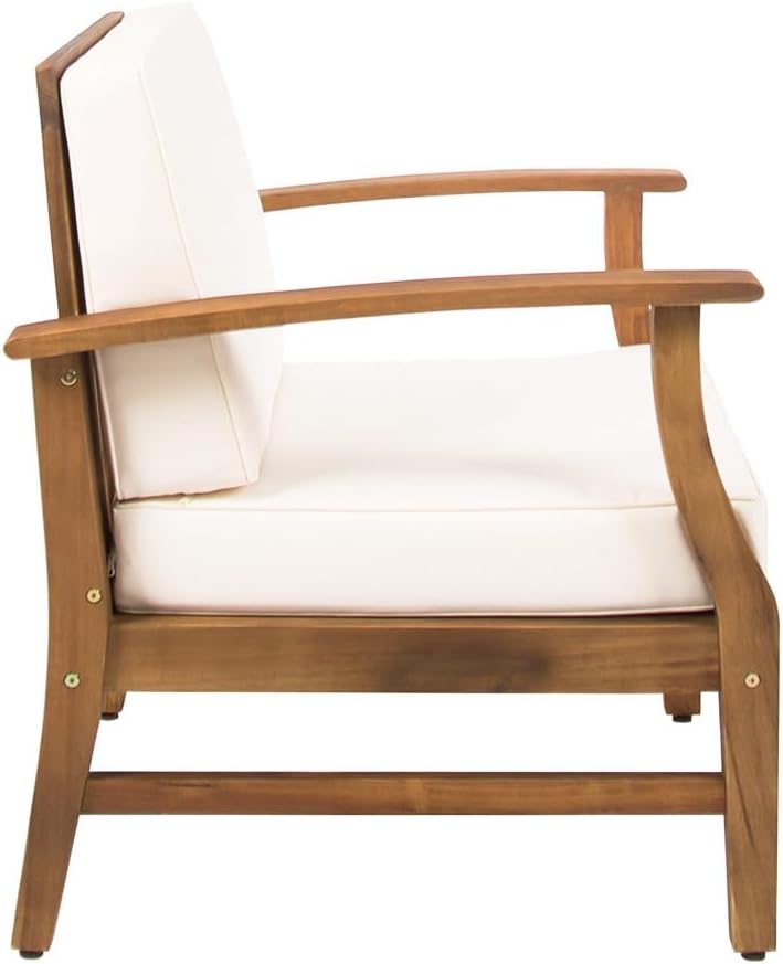 Weatherproof Acacia Wood Outdoor Arm Chair with Beige Cushions, Indoor & ...