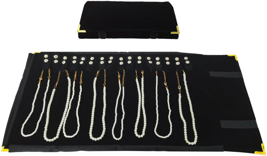 Premium Jewelry Roll Organizer for 16 Necklaces 55cm x 29cm Metal Snap & Velcro Closure - Ideal for Travel and Storage (Black with golden corner)