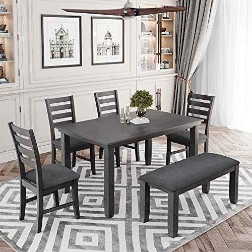 Merax Dining Table Set for 6, Farmhouse 6 Piece Dining Room Table Set with 4 ...