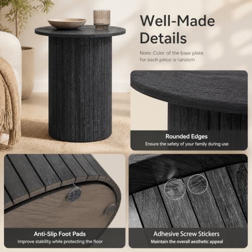 GIANTEX Round Fluted Side Table Set of 2, Drum Pedestal End Tables, Black