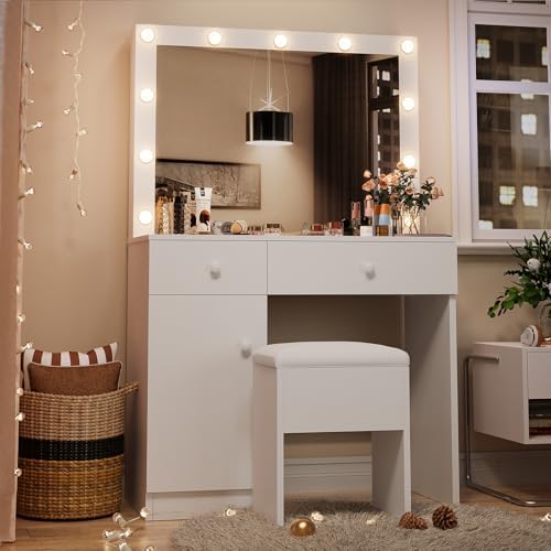 Haewon White Makeup Vanity Desk with Lighted Mirror and Storage Chiar Set | 1...