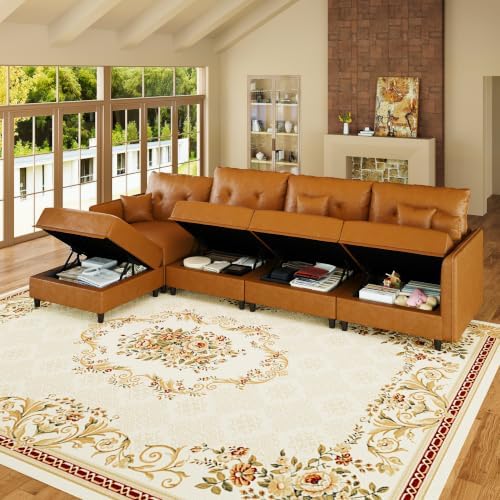 LLappuil 5-Seater L-Shaped Sectional Modular Sofa with Storage, Deep Seat Faux Leather Couches for Living Room, Waterproof & Scratch Resistant, Cognac Tan