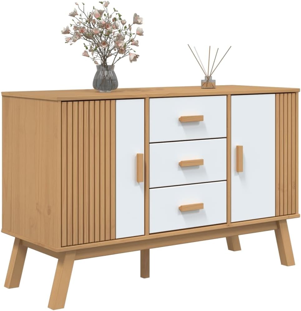 White and Brown Solid Pine Wood Sideboard with Multiple Drawers and Doors for...