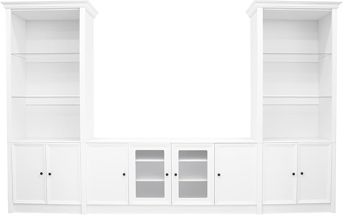128.2" W Wall Unit Entertainment Center with Bookshelves for TVs up to 80", Multifunctional TV Stand Media Console with Tempered Glass Cabinets and Adjustable Shelves for Living Room (White-1.28)