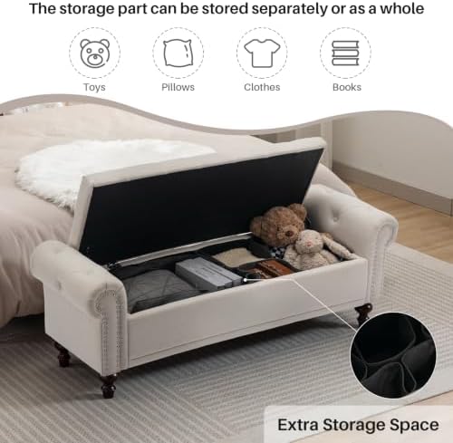 SOFTHION 58.1" Storage Bench for Bedroom, Linen Upholstered, Beige | End...
