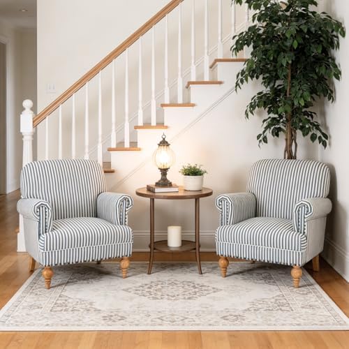 Blue Striped Linen Fabric Accent Chair, Coastal Upholstered Armchair with Nai...
