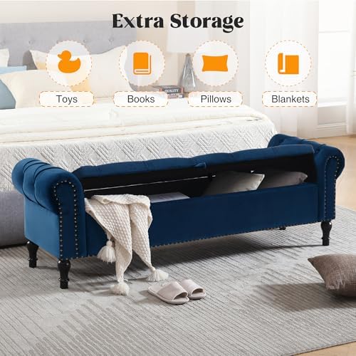 Velvet Storage Bench 67 Inch Upholstered Tufted Ottoman Bench with Arms Large...