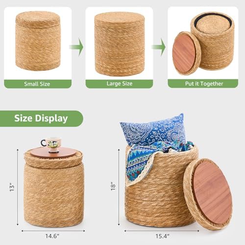 Round Storage Pouf Ottoman Hand Weaving Natural Boho Straw Footstool Pouffe |...