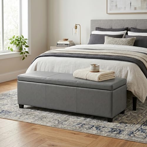 SIMPLIHOME Avalon 48" Wide Vegan Leather Storage Ottoman in Stone Grey |...