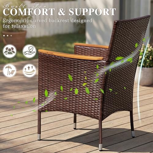 Devoko 9 PCS Acacia Wood Patio Dining Set, Brown Rattan