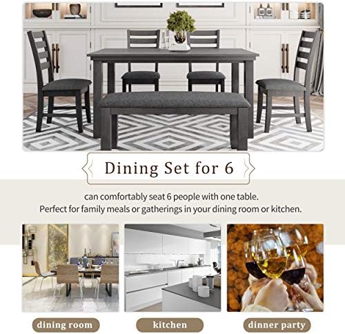 Merax Dining Table Set for 6, Farmhouse 6 Piece Dining Room Table Set with 4 ...