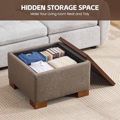 WUTUTUEE 24" Square Ottoman Coffee Table with Storage, Boucle Ottomans w...