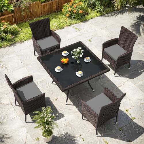 Gotland 5 Piece Outdoor Dining Set, All-Weather Rattan Patio Furniture Set wi...