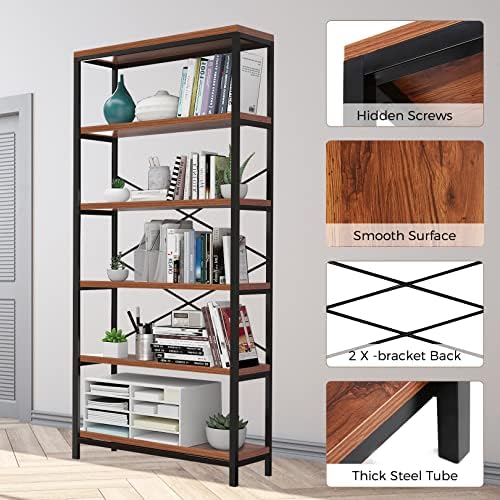 Himimi 6-Tier Bookshelf, 71'' Tall Bookcase Vintage Storage Shelf, Di...