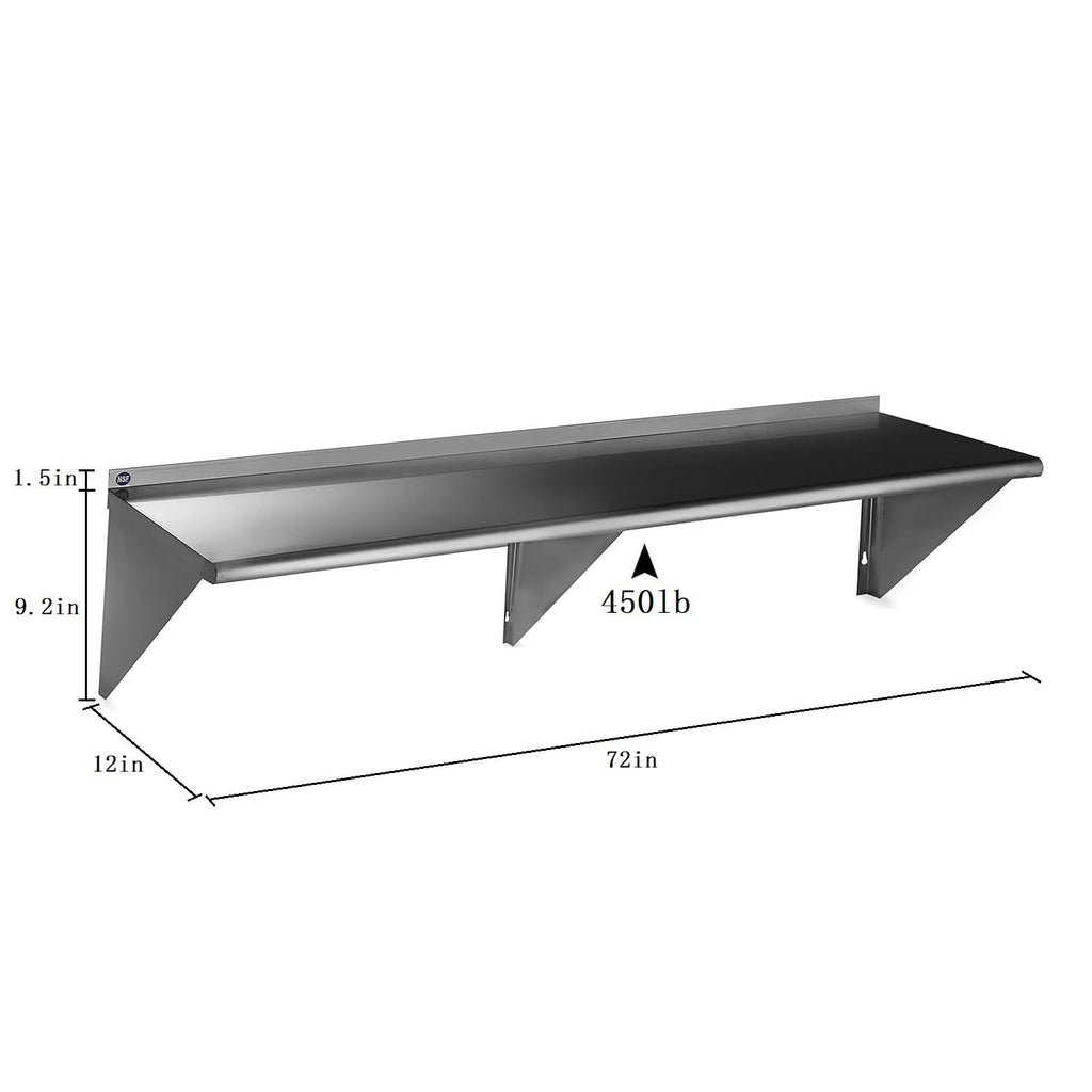 ROCKPOINT Stainless Steel Shelf 12 x 72 Inches 450lb, 2 Pack NSF Commercial Wall Mount Floating Shelving with Backsplash for Restaurant, Kitchen, Home and Hotel, Silver