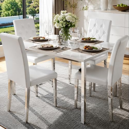 White Dining Chairs Set of 4,Faux Leather with Chrome Plate Metal Legs,Armles...