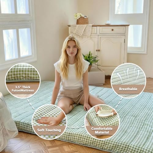 Green Gingham Japanese Floor Mattress, Twin Size 39" x 80", 3.5" Thick | High Density Foam Futon Mattress, Foldable Tatami Sleeping Pad, Farmhouse Style Roll Up Floor Bed for Dorm Guest Room