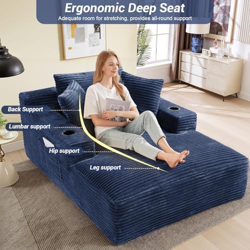 50" x 68" Corduroy Chaise Lounge, Cup Holders, Blue | Oversized cor...