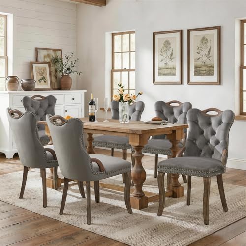 SoarFlash Velvet Dining Chair Set of 6, Solid Wood Handles, Upholstered Tufte...