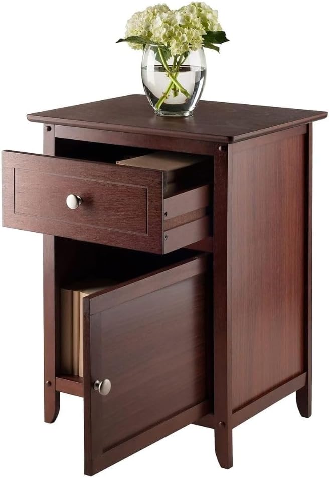 Wood Eugene Accent Table Walnut Finish Compact Side Table with Drawer and Cab...