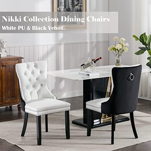 Black and White Dining Chairs Set of 2, Velvet Back, PU Leather Seat