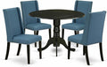 East West Furniture DLFL5-BLK-21 5 Piece Kitchen Table Set for 4 Includes a Round Dining Table with Dropleaf and 4 Blue Linen Fabric Parson Dining Room Chairs, 42x42 Inch, Black