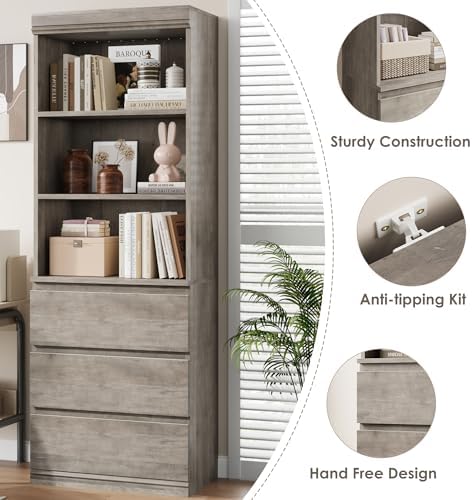 IDEALHOUSE 70" Tall Bookcase with Drawers, Open Book Shelves Library Boo...
