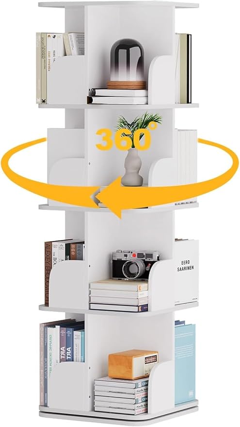 Rotating Bookshelf Tower, 4 Tier Small Spinning Corner Bookshelf for Small Spaces, 360 Display Kids Bookshelves Floor Standing Bookcase Storage Rack Wood Book Shelf Organizer for Bedroom Room, White