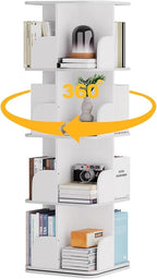 Rotating Bookshelf Tower, 4 Tier Small Spinning Corner Bookshelf for Small Spaces, 360 Display Kids Bookshelves Floor Standing Bookcase Storage Rack Wood Book Shelf Organizer for Bedroom Room, White