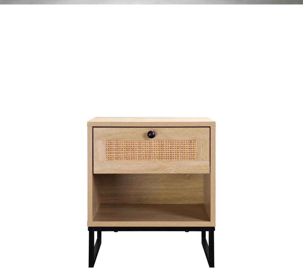 Birch Coastal Modern Side Table with Drawer Natural Wood Top with Black Metal...