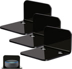 OAPRIRE Acrylic Floating Wall Shelves Set of 3, Drill Free with10 Piece Strong Tapes - Universal Small Adhesive Shelf for Security Cameras, Baby Monitors with Cable Clips (Black)