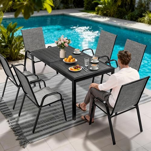 Pamapic Outdoor Dining Sets for 6, Rectangular Steel Slat Table with 6 Textil...