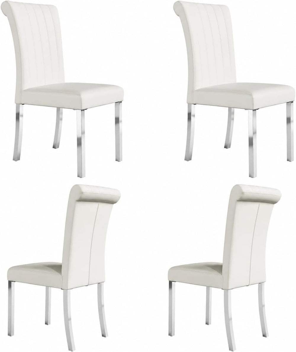 Asday White Leather Dining Chairs Set of 4, White and Silver Dining Room Chai...