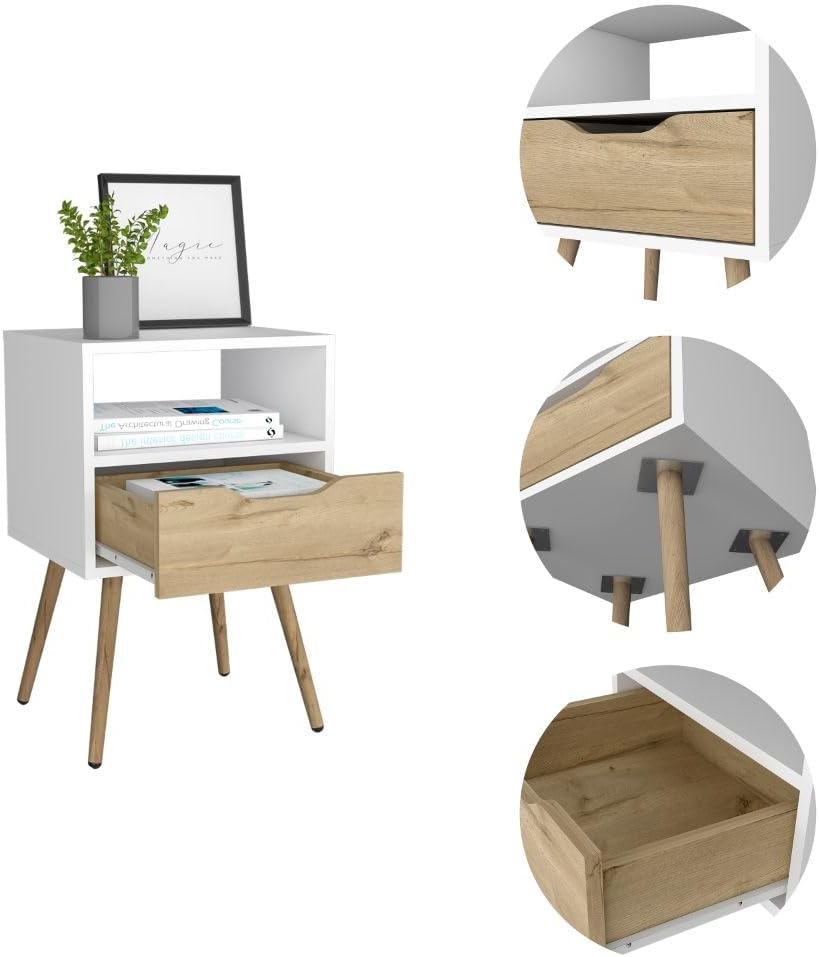 Nightstand, Superior Top, One Open Shelf, One Drawer, Four Legs,for Small Spaces
