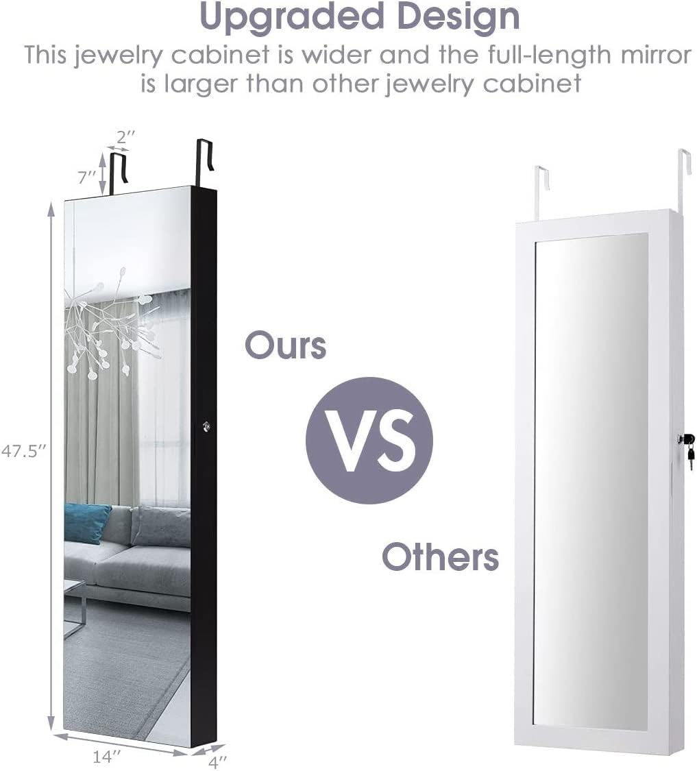 Byroce 47.5''H Jewelry Armoire, Over the Door/Wall Mounted, Full Length Mirror with Jewelry Storage, 2-LED Lockable Jewelry Cabinet with 2 Drawers, Hanging Jewelry Organizer for Bedroom (Black)