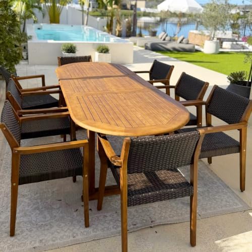 PHI VILLA Outdoor Dining Set for 8, Expandable Acacia Wood Table & Chairs