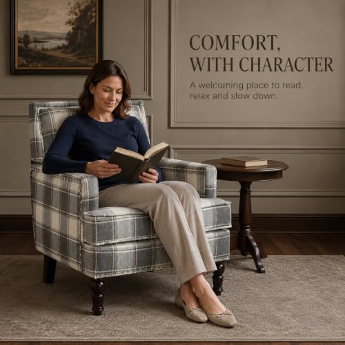 Plaid Accent Chair, Mid-Century Modern Armchair, Upholstered Decorative Readi...