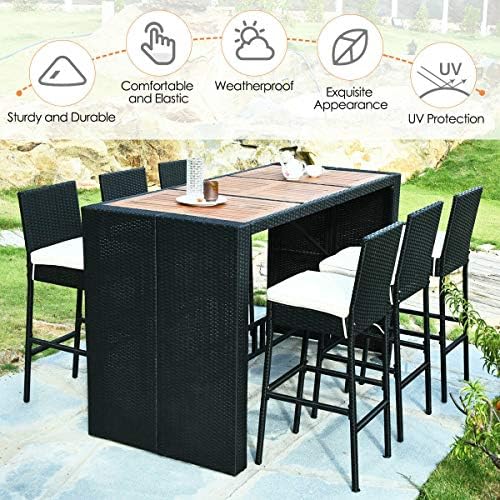 Tangkula 7 PCS Outdoor Wicker Furniture with Acacia Wood Bar Table Top and Re...
