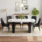 Ebullient White Dining Table Set for 6, 67'' Marble Oval Dining Table Set with 6 Metal Chairs, 3.5'' Thick Marble-Grain Top and Matte Black Wood Base, Space-Saving 7 Piece Kitchen Table Set