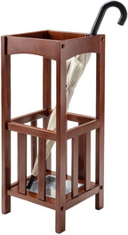 Furnifact Umbrella Stand with Removable Metal Tray, Solid Wood Frame, Tall Accent Table, Walnut Finish, Entryway Storage