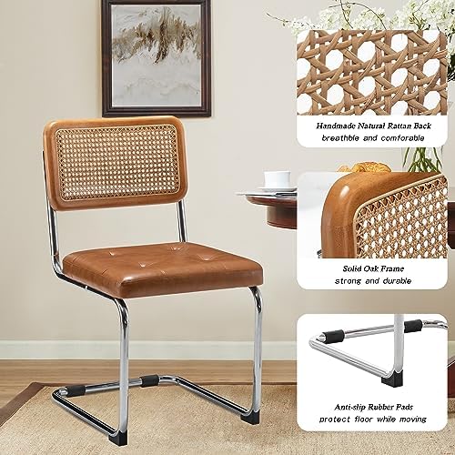Dining Chairs Set of 4, Natural Rattan Brown Kitchen Side Chairs-PU Seat