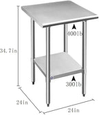 ROCKPOINT Stainless Steel Table for Prep & Work 24x24 Inches, NSF Metal Commercial Kitchen Table with Adjustable Under Shelf and Table Foot for Restaurant, Home and Hotel