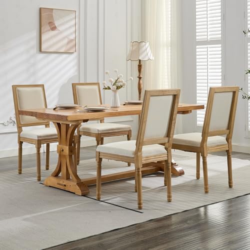 French Country Dining Chairs Set of 4, Beige Square Back Dining Chairs with L...