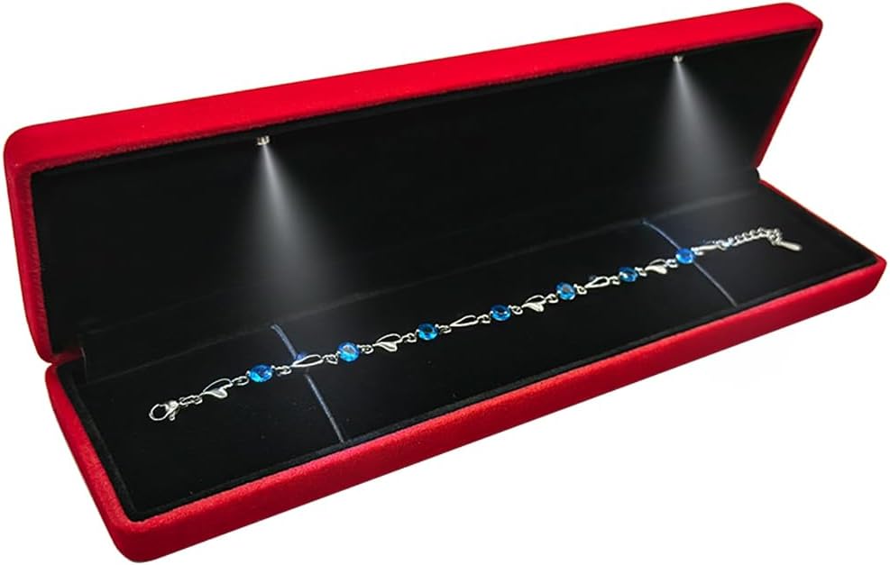 GBYAN Velvet Chain Necklace Box with LED Light, Long Bracelet Storage Case, Jewelry Display Gift Box for Engagement, Anniversary,Wedding and Birthday,Red